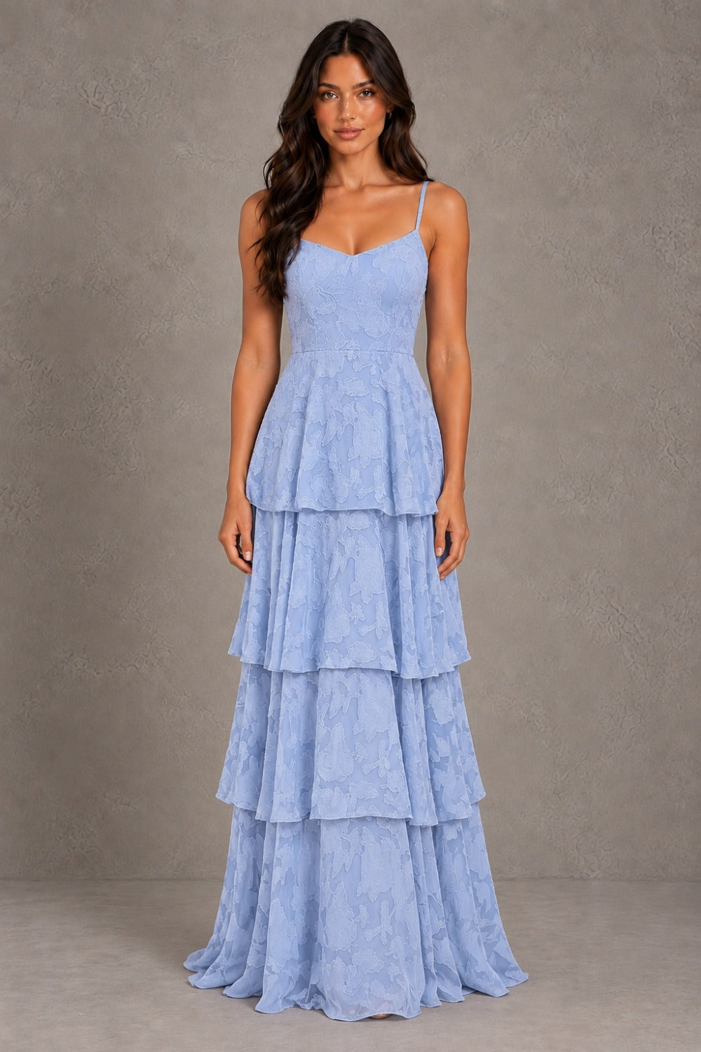 Dressime A Line Spaghetti Straps Floral Burnout Tiered Long Prom Dresses