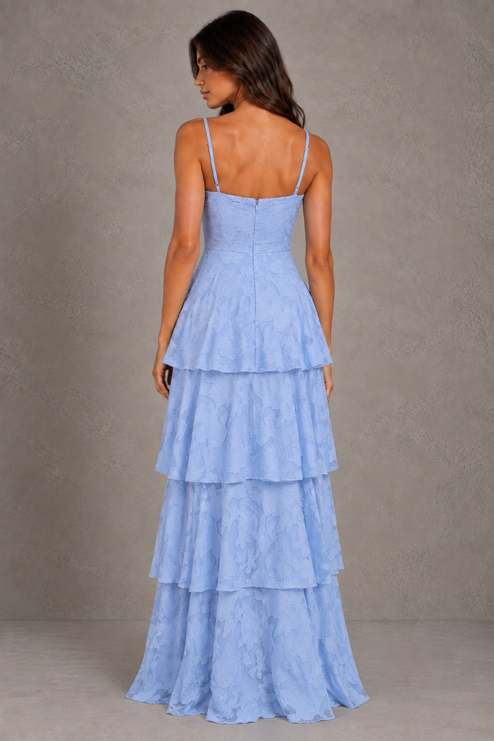 Dressime A Line Spaghetti Straps Floral Burnout Tiered Long Prom Dresses