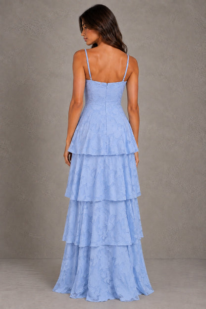 Dressime A Line Spaghetti Straps Floral Burnout Tiered Long Prom Dresses
