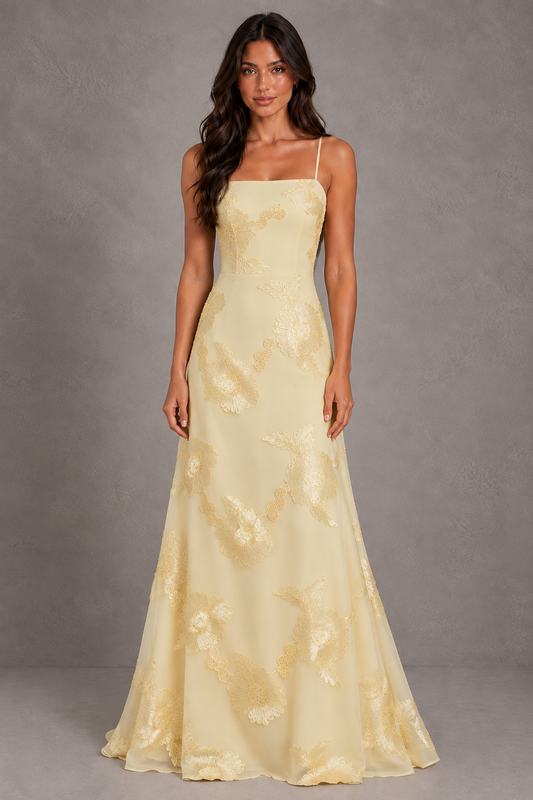 Dressime A Line Spaghetti Straps Floral Embroidery Lace Up Long Prom Dresses