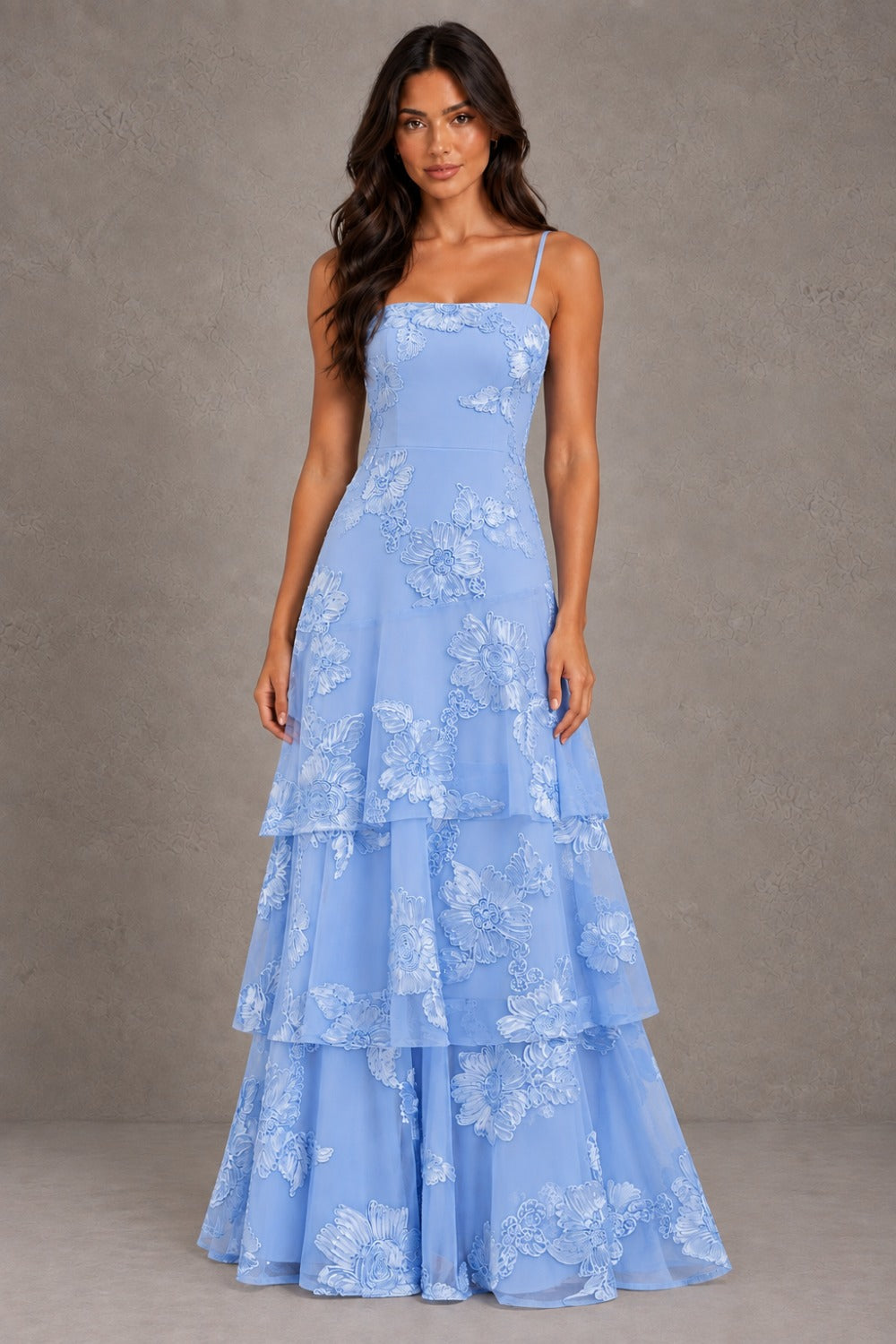 Dressime A Line Spaghetti Straps Floral Embroidery Tiered Long Prom Dresses