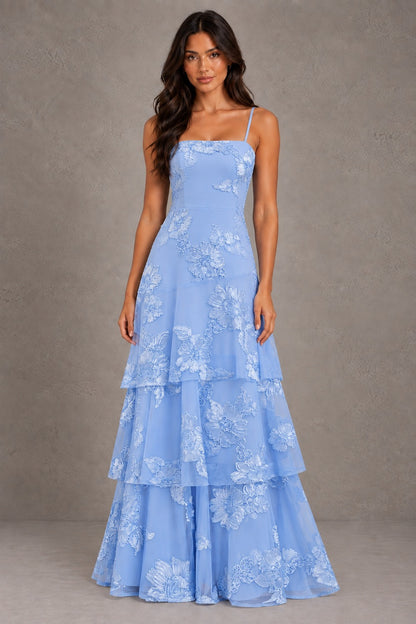 Dressime A Line Spaghetti Straps Floral Embroidery Tiered Long Prom Dresses