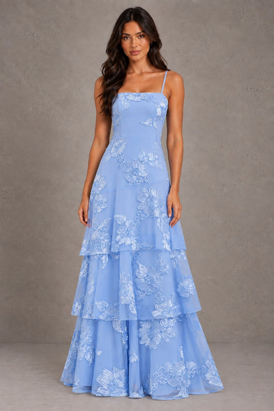 Dressime A Line Spaghetti Straps Floral Embroidery Tiered Long Prom Dresses