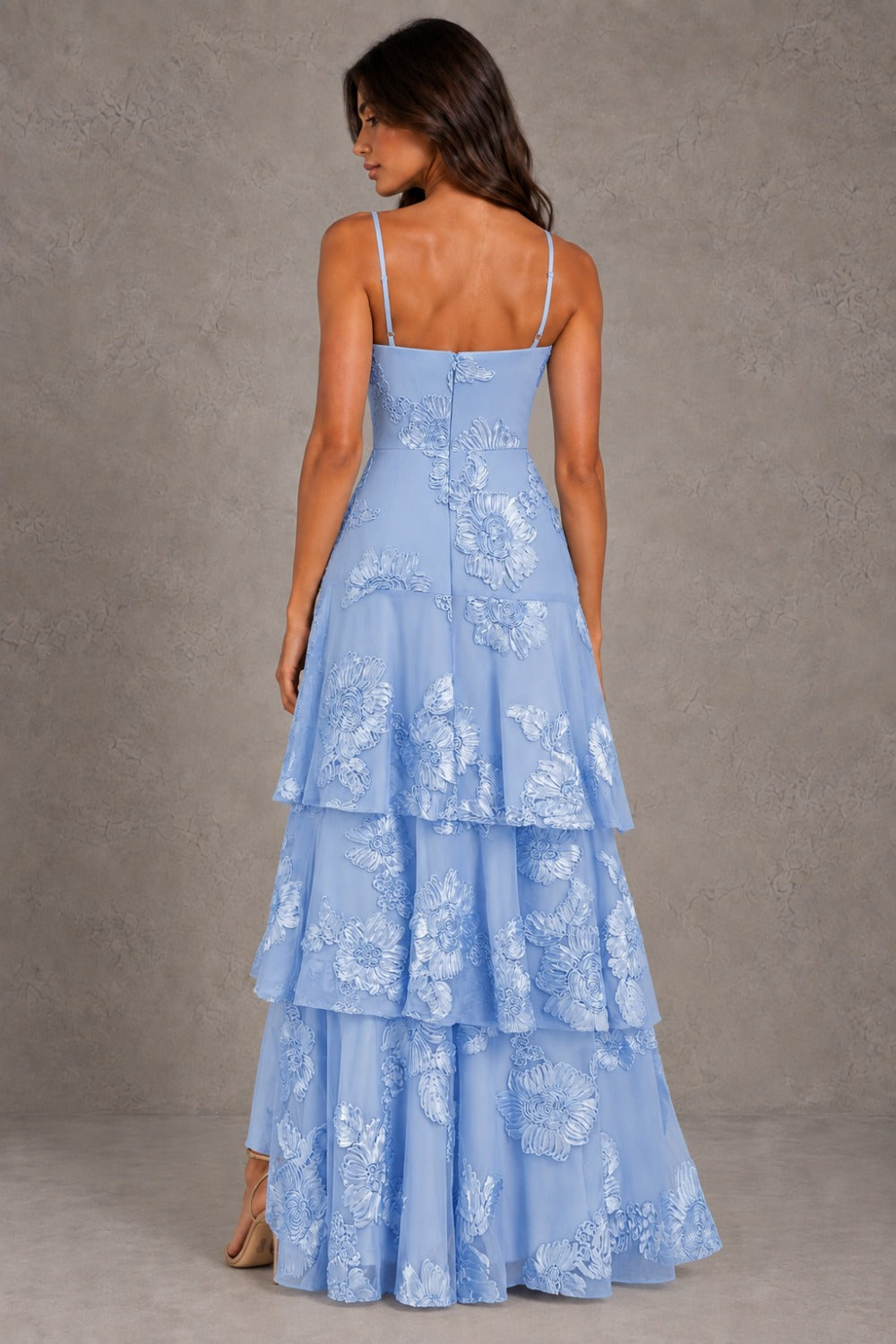 Dressime A Line Spaghetti Straps Floral Embroidery Tiered Long Prom Dresses