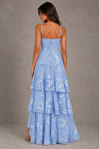 Dressime A Line Spaghetti Straps Floral Embroidery Tiered Long Prom Dresses