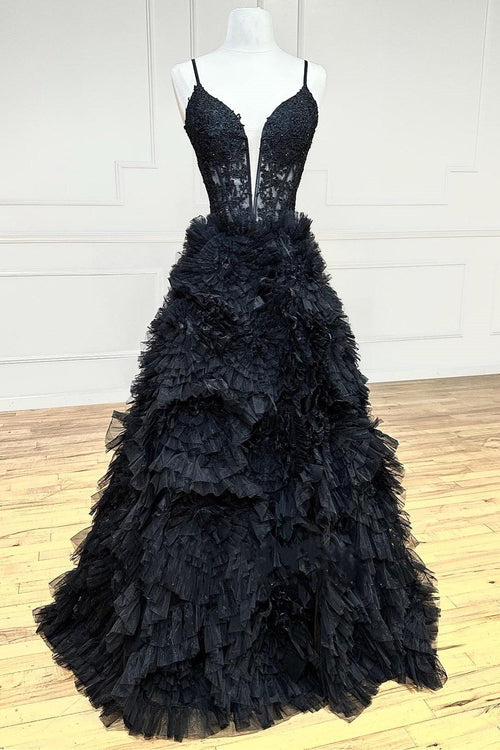 Dressime A Line Spaghetti Straps Ruffled Tiered Long Prom Dress with Appliques dressime