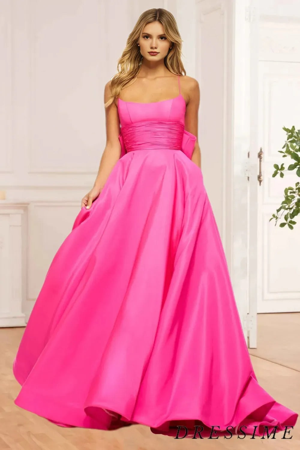 Dressime A Line Spaghetti Straps Satin Blue Long Prom Dress With Bow dressime
