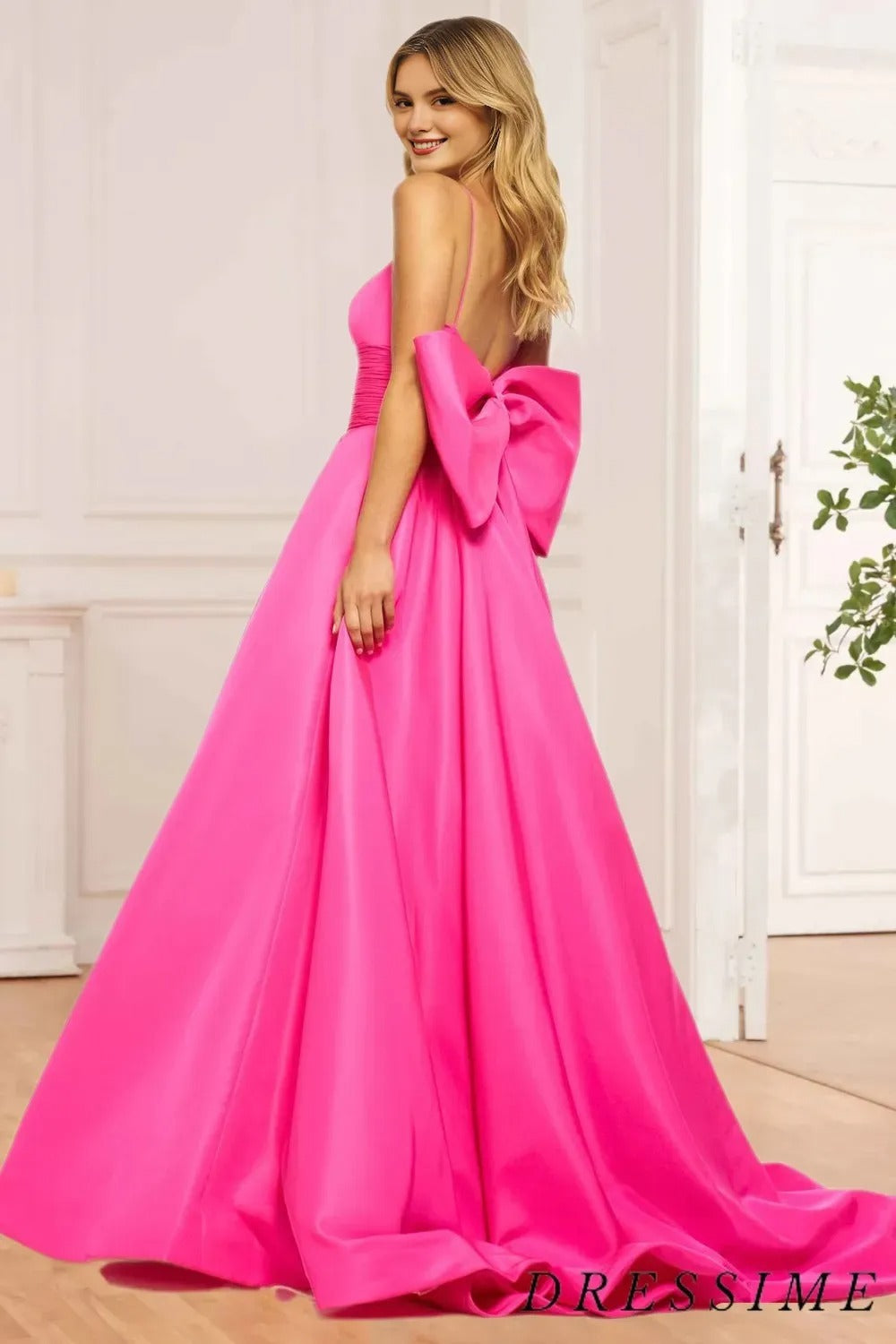 Dressime A Line Spaghetti Straps Satin Blue Long Prom Dress With Bow dressime