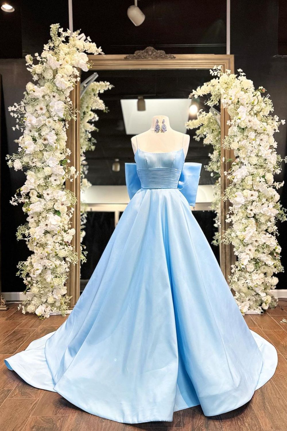 Dressime A Line Spaghetti Straps Satin Blue Long Prom Dress With Bow dressime