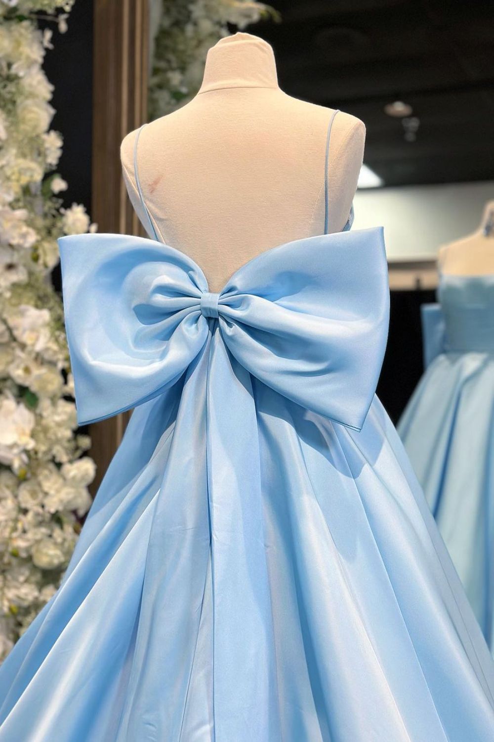 Dressime A Line Spaghetti Straps Satin Blue Long Prom Dress With Bow dressime