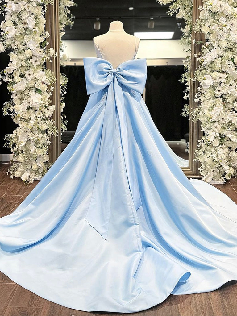 Dressime A Line Spaghetti Straps Satin Blue Long Prom Dress With Bow dressime