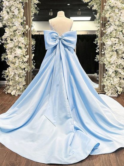 Dressime A Line Spaghetti Straps Satin Blue Long Prom Dress With Bow dressime