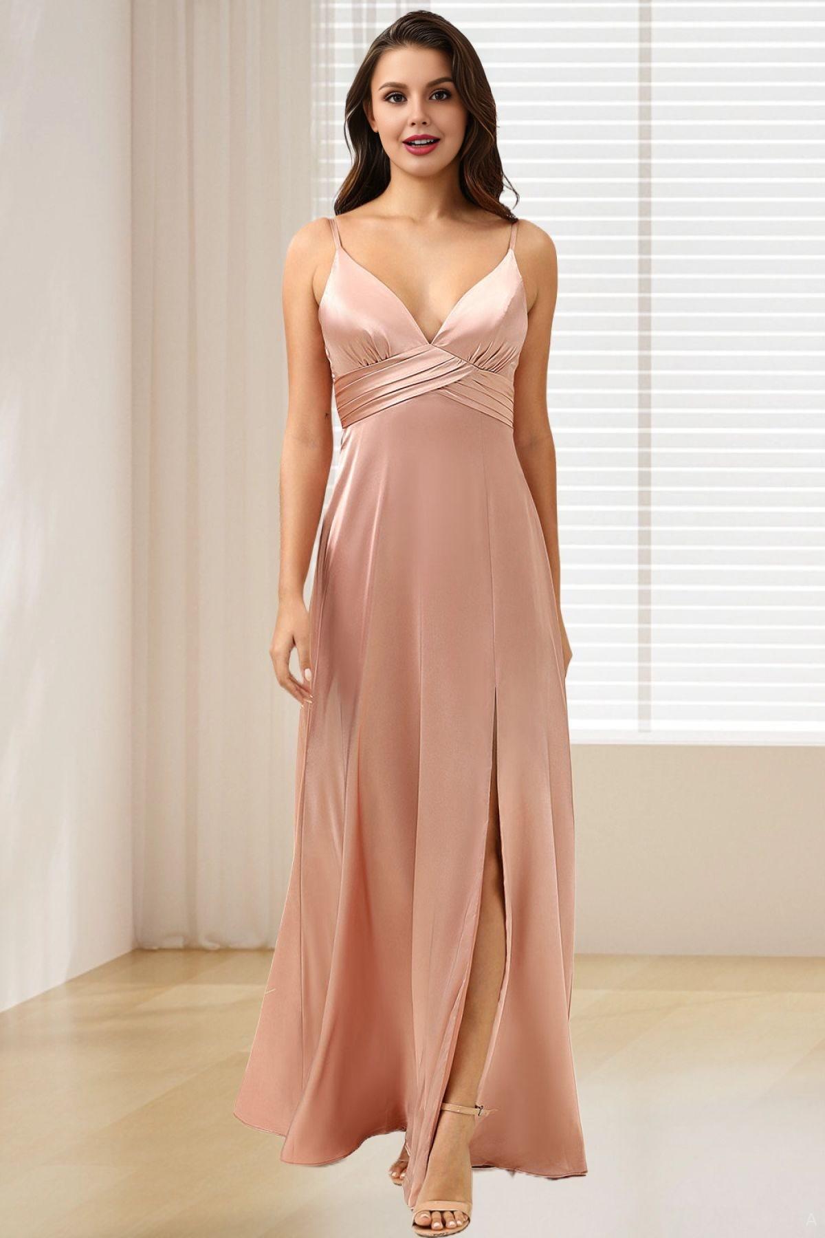Dressime A Line Spaghetti Straps Satin Bridesmaid Dress With Slit dressime