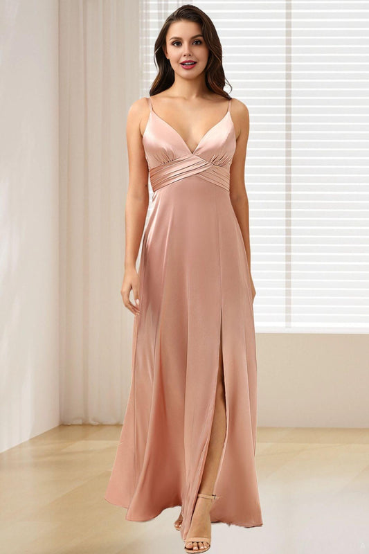 Dressime A Line Spaghetti Straps Satin Bridesmaid Dress With Slit dressime