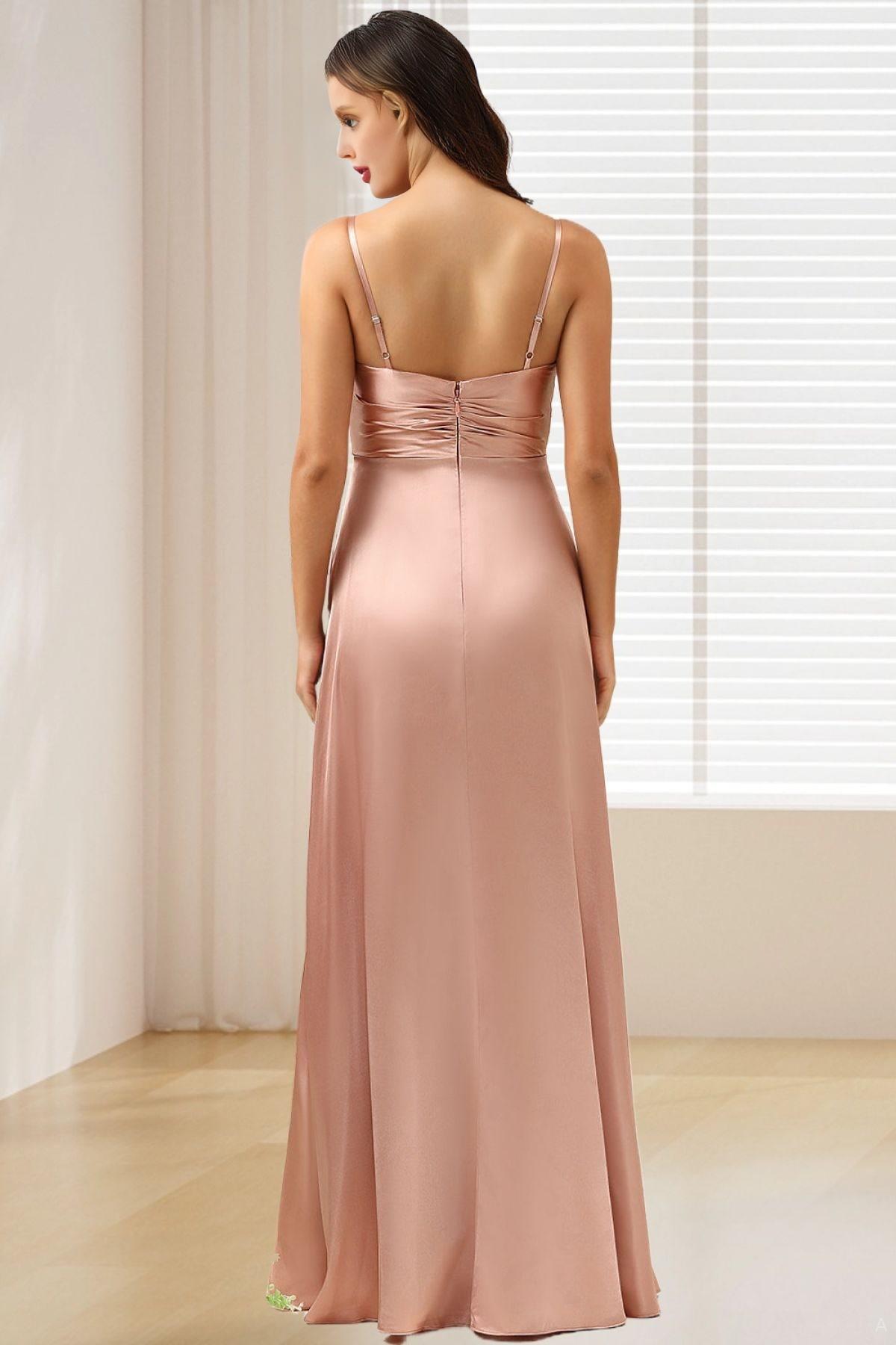 Dressime A Line Spaghetti Straps Satin Bridesmaid Dress With Slit dressime