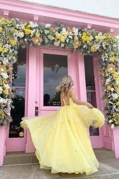 Dressime A Line Spaghetti Straps Satin Tulle Long Prom Dresses With 3D Flowers dressime
