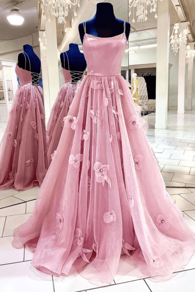 Dressime A Line Spaghetti Straps Satin Tulle Long Prom Dresses With 3D Flowers dressime