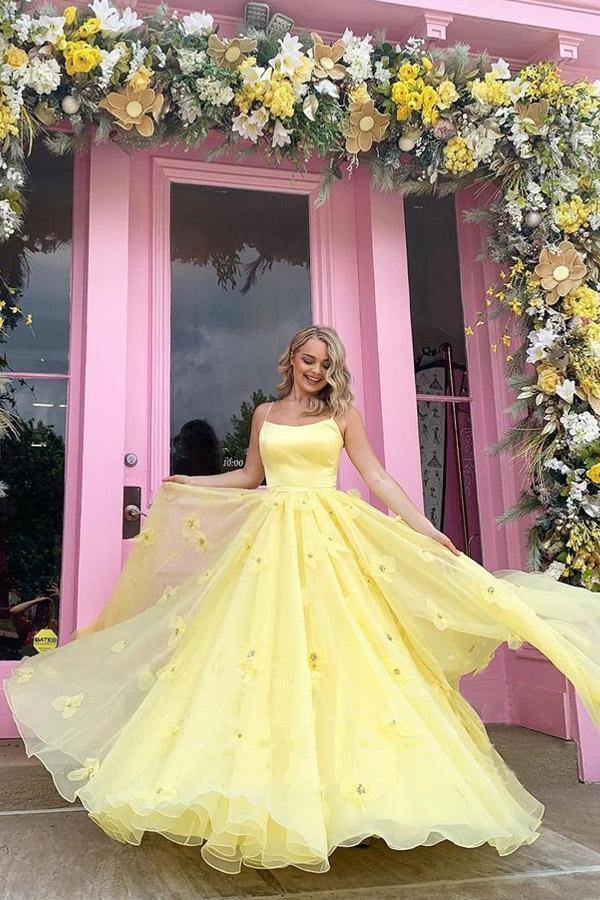 Dressime A Line Spaghetti Straps Satin Tulle Long Prom Dresses With 3D Flowers dressime