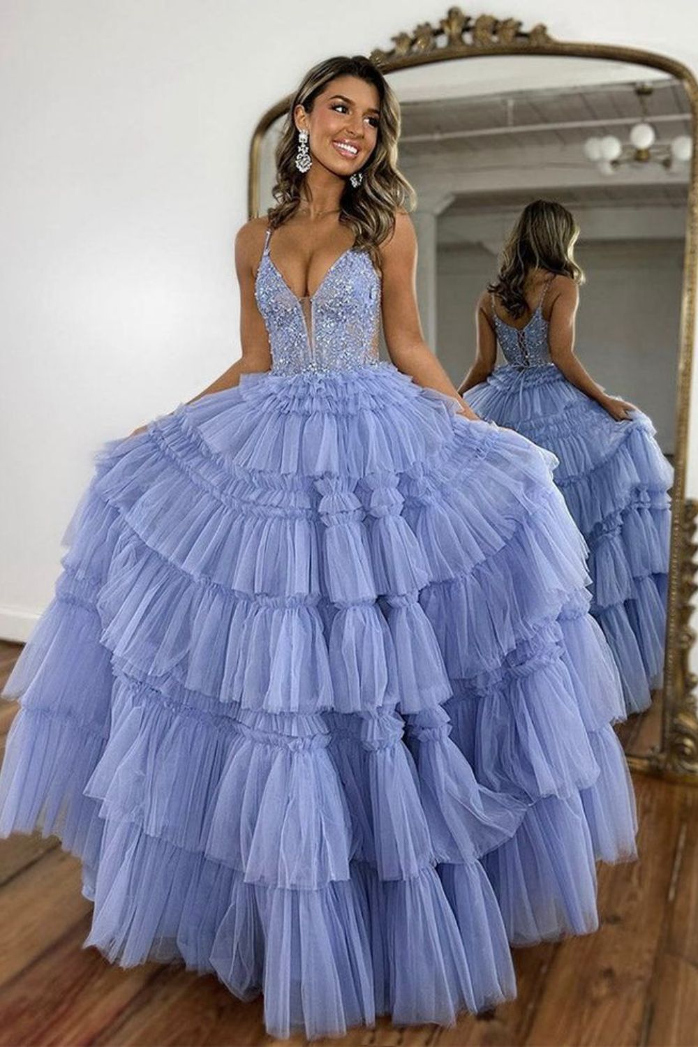 Dressime Blue Appliqued Prom Dress A Line Spaghetti Straps Tulle Appliqued Tiered Formal Dresses dressime Dressime Blue Appliqued Prom Dress A Line Spaghetti Straps Tulle Appliqued Tiered Formal Dresses dressime