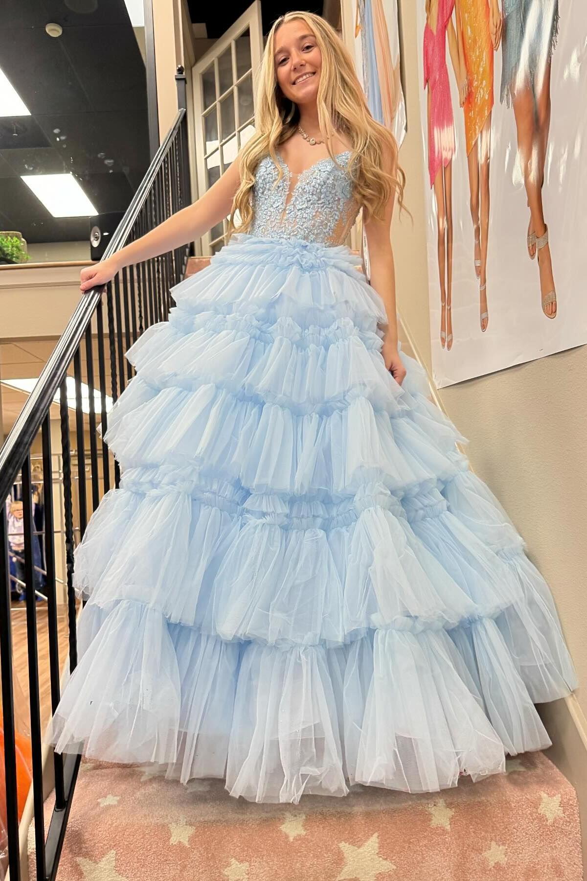 Dressime Blue Appliqued Prom Dress A Line Spaghetti Straps Tulle Appliqued Tiered Formal Dresses dressime Dressime Blue Appliqued Prom Dress A Line Spaghetti Straps Tulle Appliqued Tiered Formal Dresses dressime