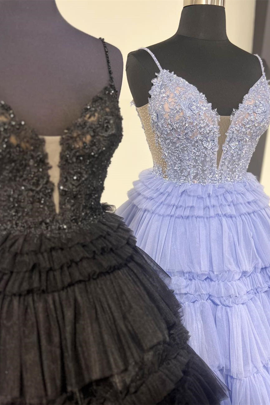 Dressime A Line Spaghetti Straps Tulle Appliqued Tiered Prom Dresses dressime