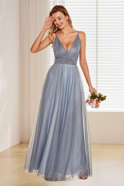 Dressime A Line Spaghetti Straps Tulle Long Bridesmaid Dress dressime