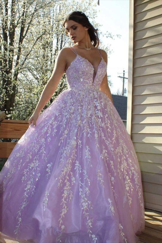 Dressime A Line Spaghetti Straps Tulle Prom Dress With Appliques dressime