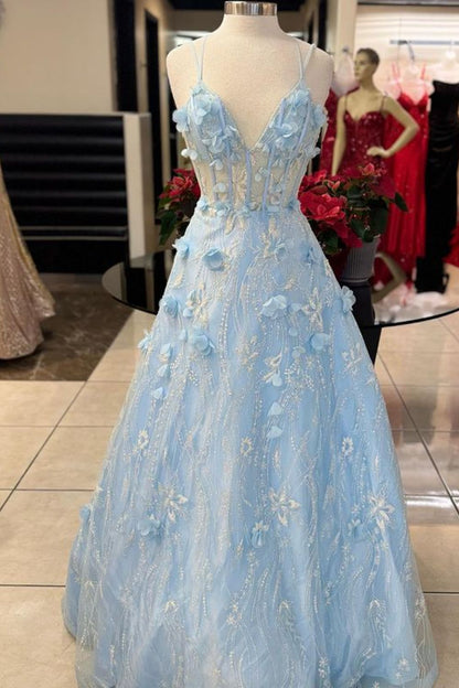 Dressime A Line Spaghetti Straps Tulle Prom Dress With Flowers dressime