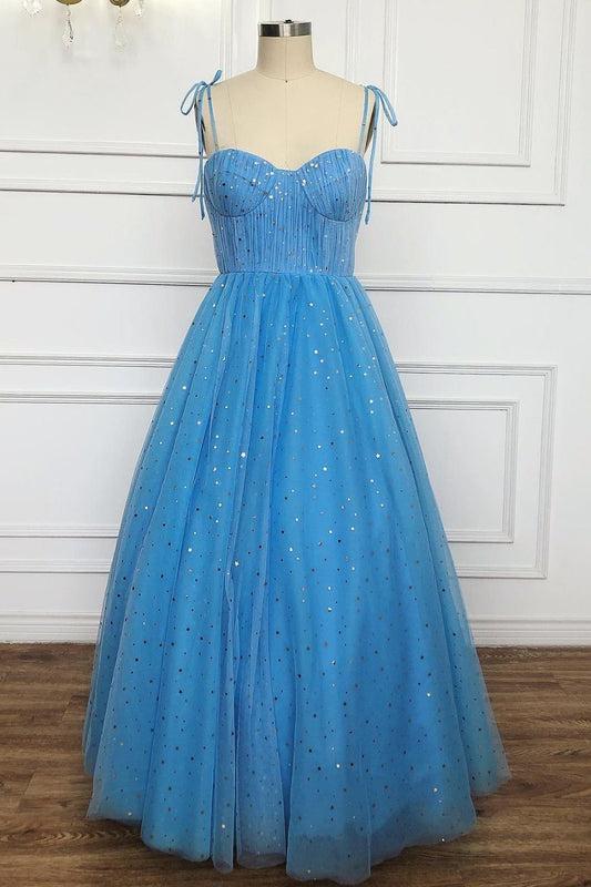 Dressime A Line Spaghetti Straps Tulle Sequin Tea Length Prom Dress dressime