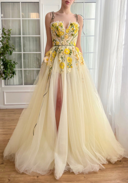 Dressime A Line Spaghetti Straps Tulle Slit Long Party Dress With 3D Flowers dressime