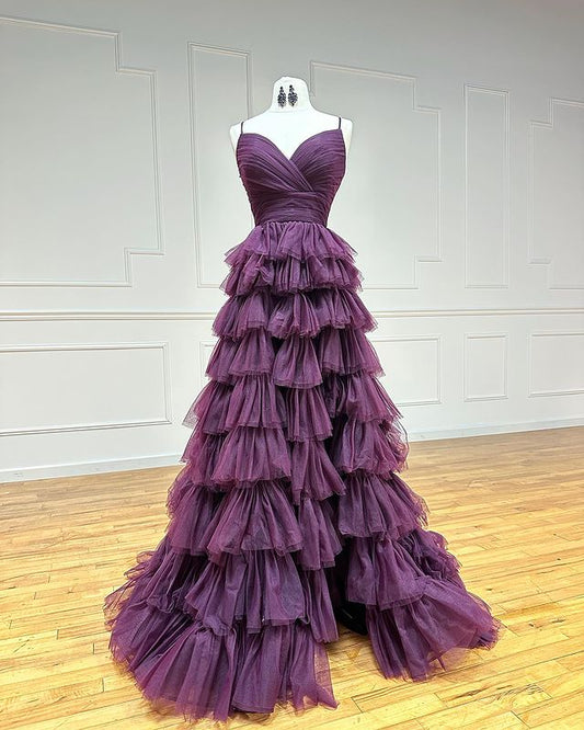Dressime A Line Spaghetti Straps Tulle Tiered Long Prom Dress with Ruffle dressime