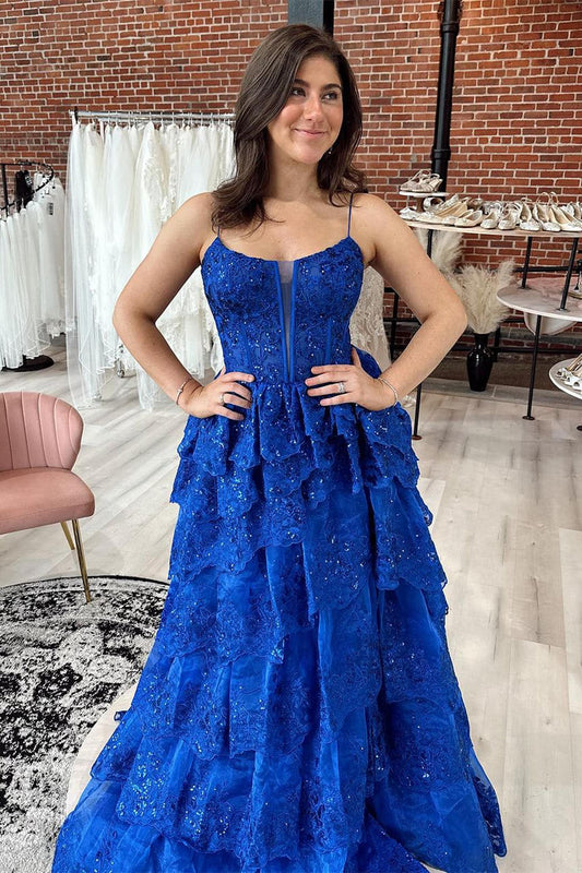 dressimeA-Line Spaghetti Straps Tulle Tiered Prom Dress with Sequins 
