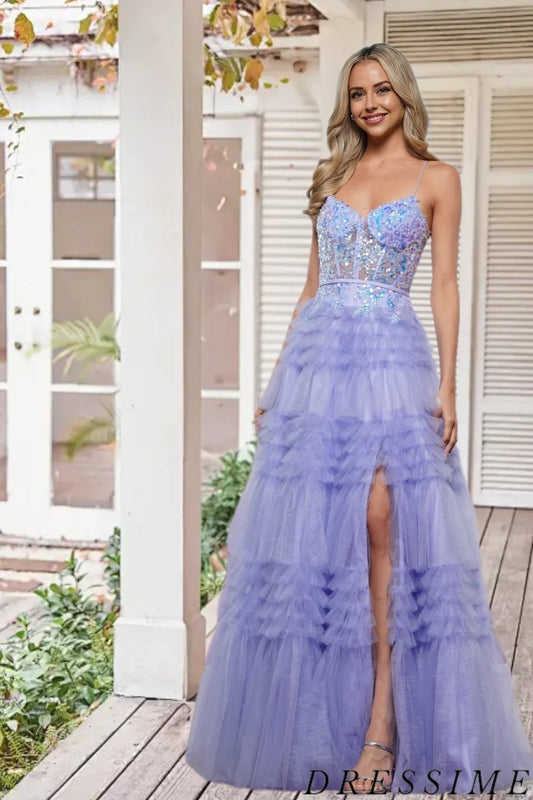 Dressime A Line Spaghetti Straps Tulle Tiered Slit Long Prom Dress With Sequin Appliques dressime