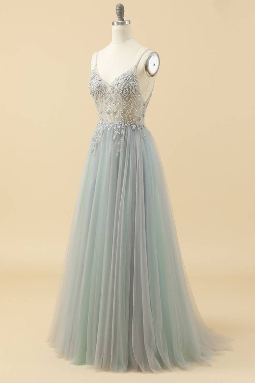 Dressime A Line Spaghetti Straps V Neck Tulle Prom Dress With Beads dressime