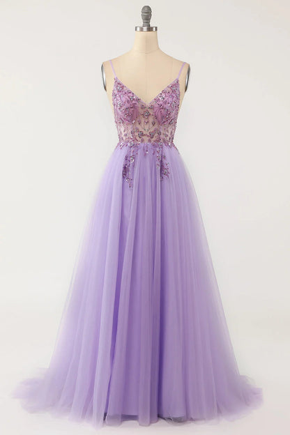 dressimeA Line Spaghetti Straps V Neck Tulle Prom Dress With Beads 