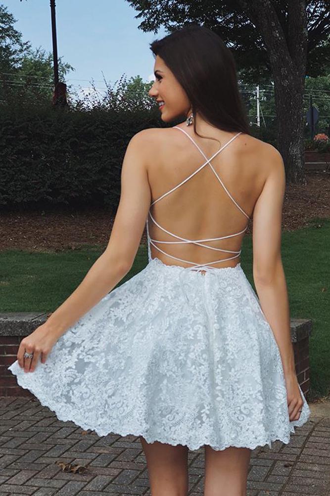Dressime A Line Spaghetti straps Lace Short/MIni Homecoming Dress With Appliques dressime