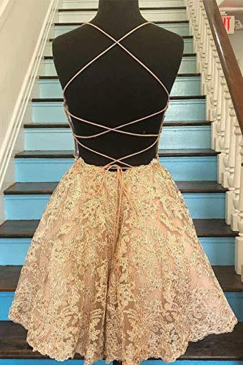 Dressime A Line Spaghetti straps Lace Short/MIni Homecoming Dress With Appliques dressime