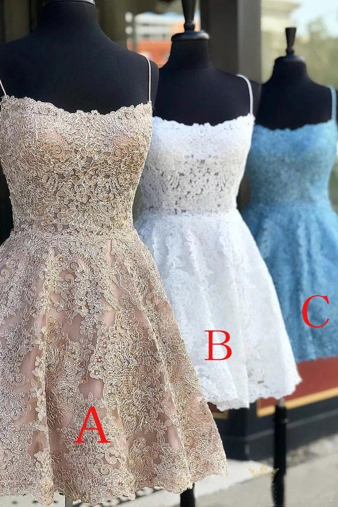 Dressime A Line Spaghetti straps Lace Short/MIni Homecoming Dress With Appliques dressime