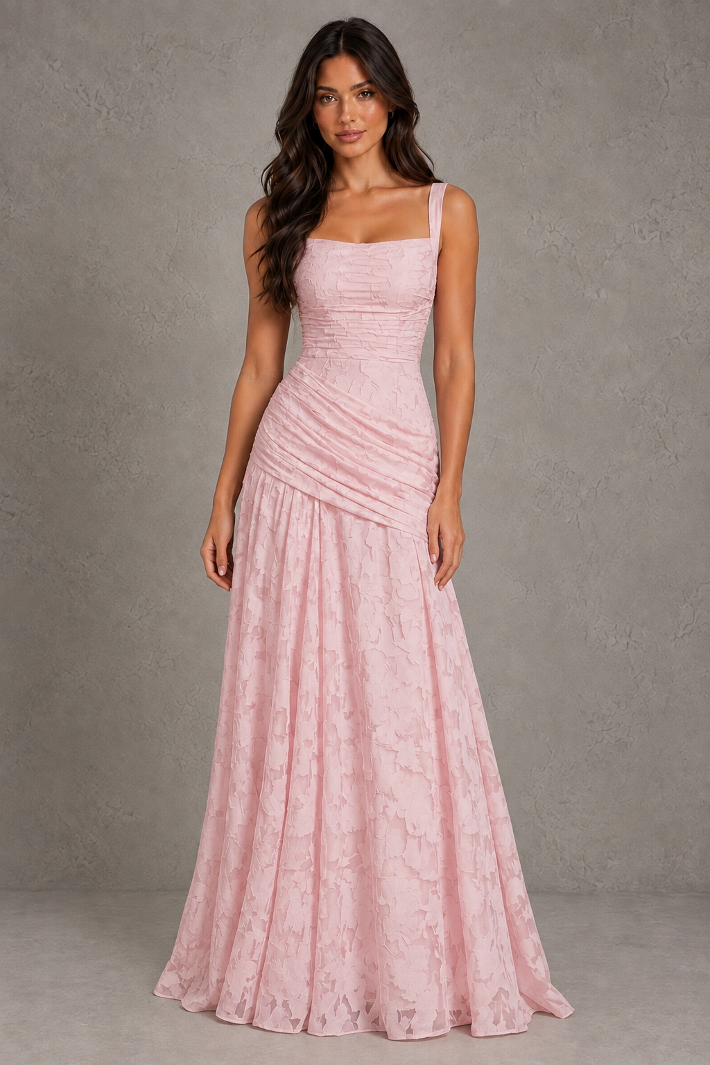 Dressime A Line Square Neck Floral Burnout Pleated Long Bridesmaid Dresses