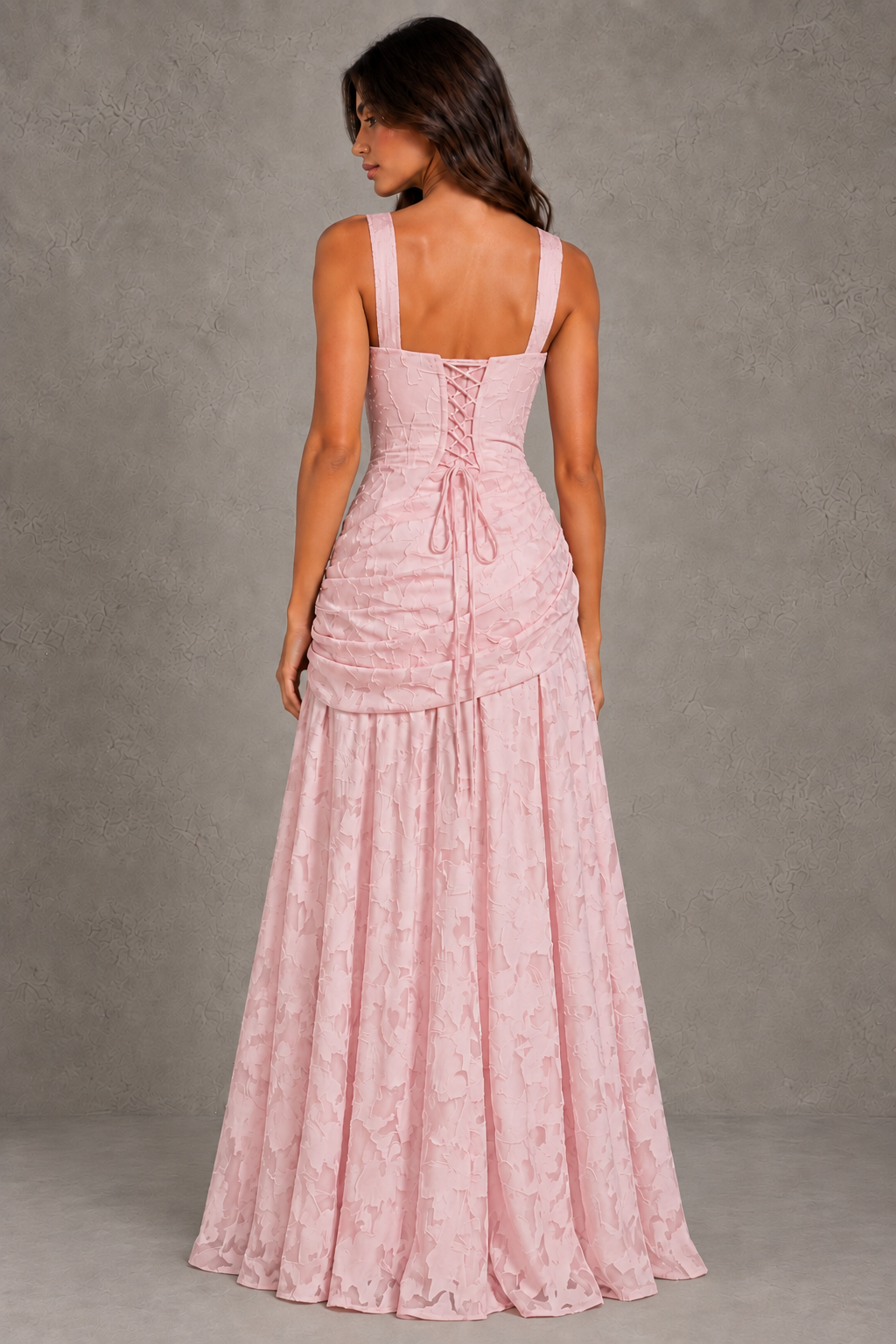 Dressime A Line Square Neck Floral Burnout Pleated Long Bridesmaid Dresses