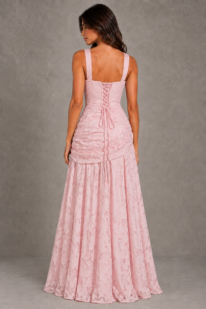 Dressime A Line Square Neck Floral Burnout Pleated Long Bridesmaid Dresses