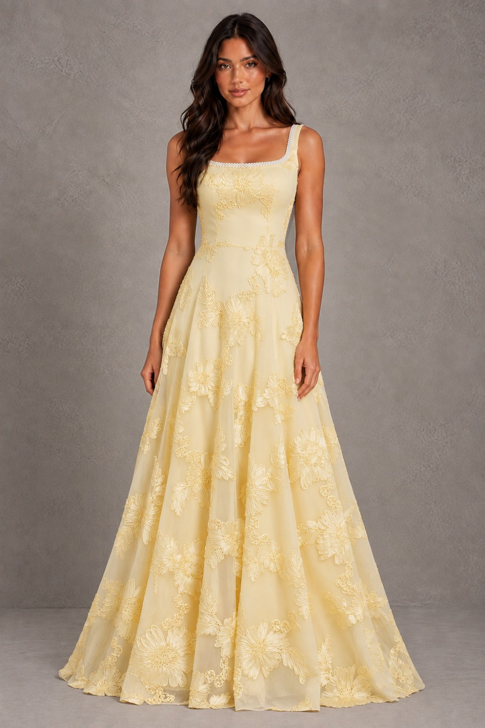 Dressime A Line Square Neck Floral Embroidery Long Prom Dresses With Pearls