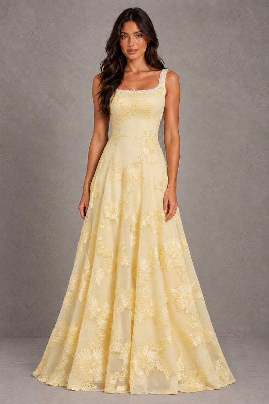 Dressime A Line Square Neck Floral Embroidery Long Prom Dresses With Pearls