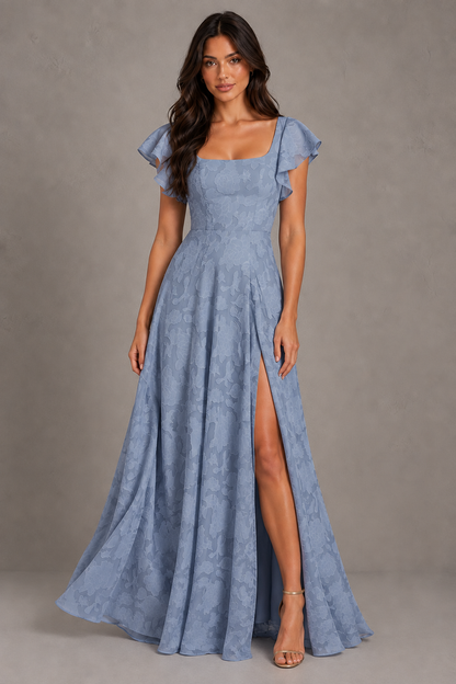 Dressime A Line Square Neck Ruffle Sleeves Floral Burnout Long Bridesmaid Dresses With Slit