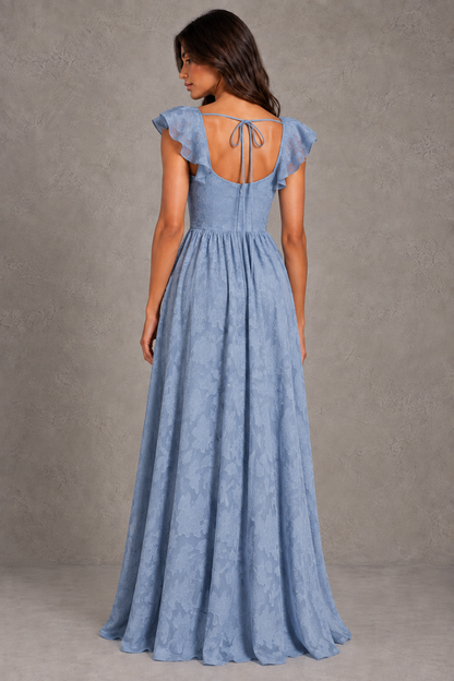 Dressime A Line Square Neck Ruffle Sleeves Floral Burnout Long Bridesmaid Dresses With Slit