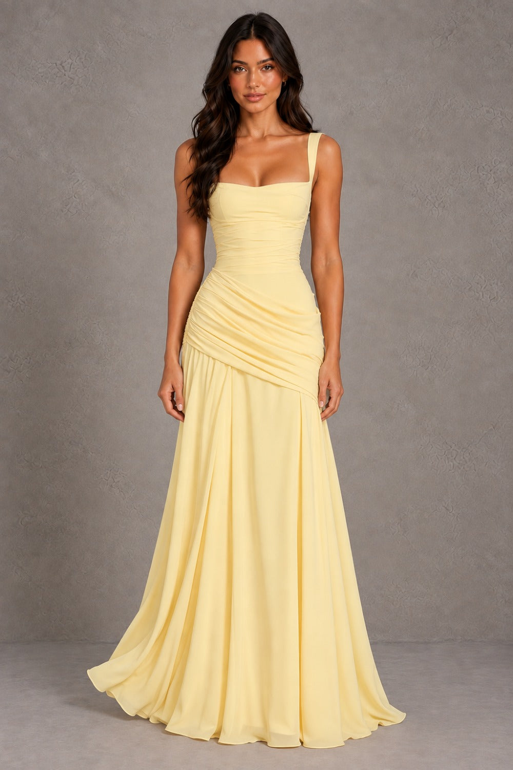 Dressime A Line Square Neck Sleeveless Chiffon Pleated Maxi Prom Dresses