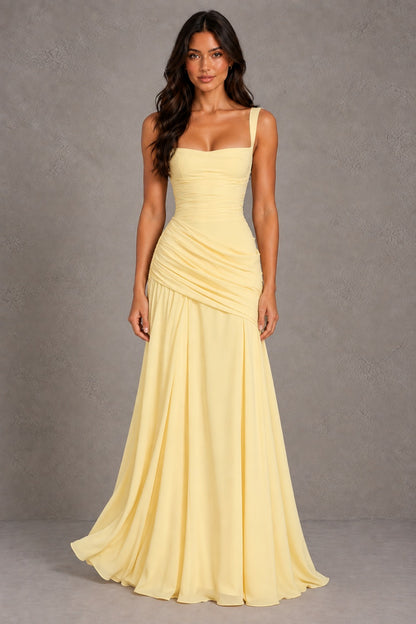 Dressime A Line Square Neck Sleeveless Chiffon Pleated Maxi Prom Dresses