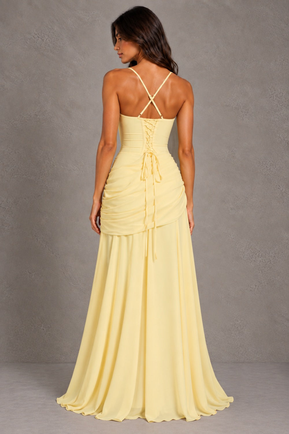 Dressime A Line Square Neck Sleeveless Chiffon Pleated Maxi Prom Dresses