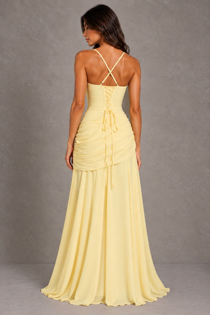 Dressime A Line Square Neck Sleeveless Chiffon Pleated Maxi Prom Dresses