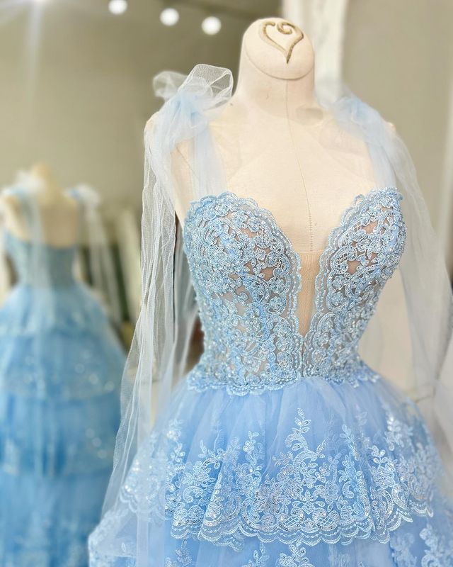 Dressime A Line Staps Tiered Prom Dress with Appliques dressime